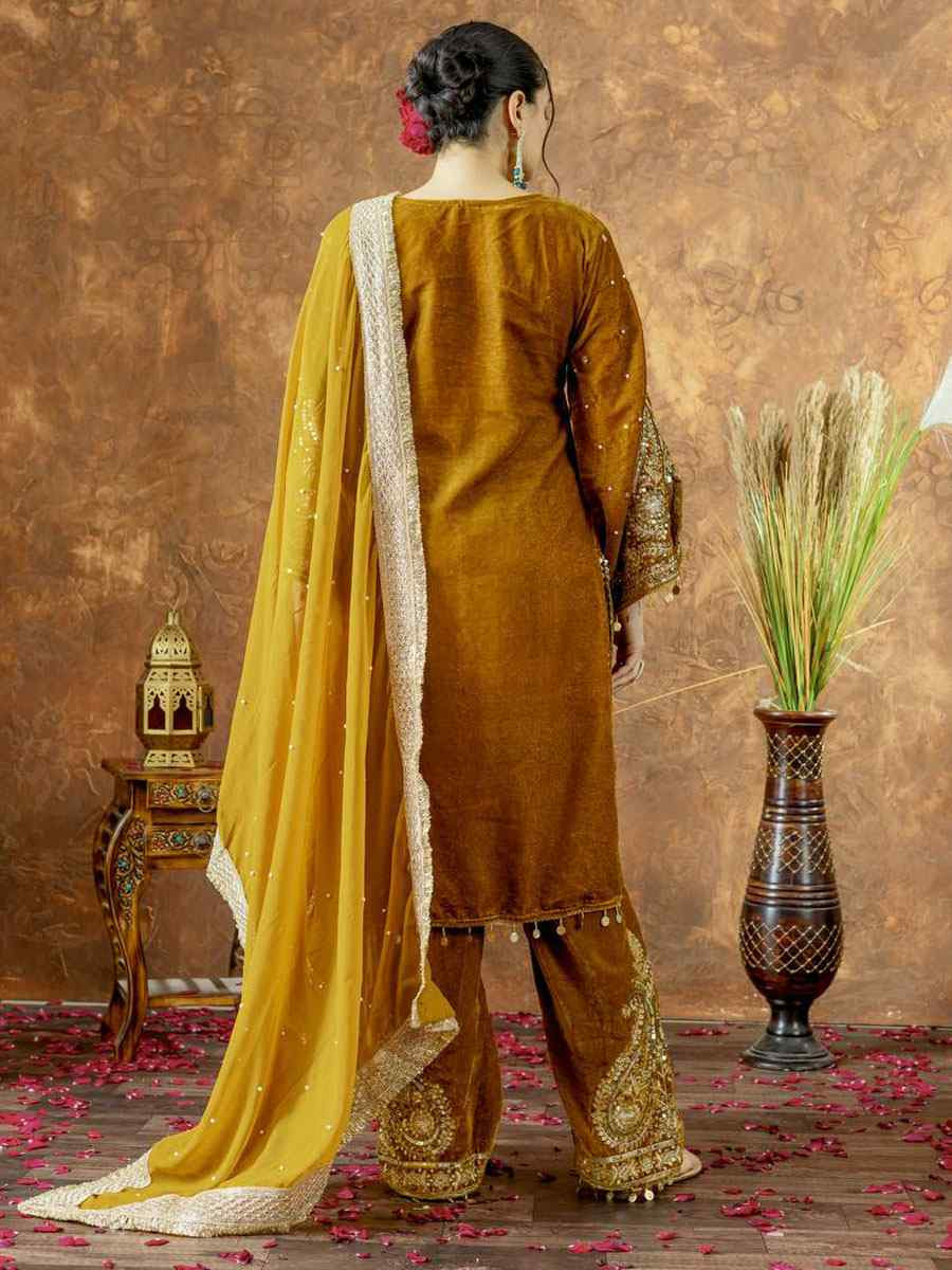 Mustard Heavy Pure Viscose Velvet Embroidery Party Wedding Festival Casual Ready Pant Salwar Kameez