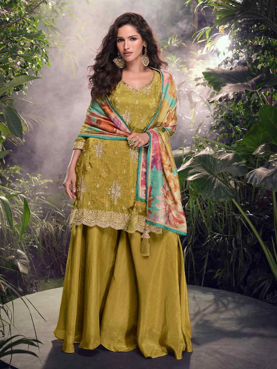 Mustard Heavy Real Simar Embroidered Festival Casual Ready Palazzo Pant Salwar Kameez