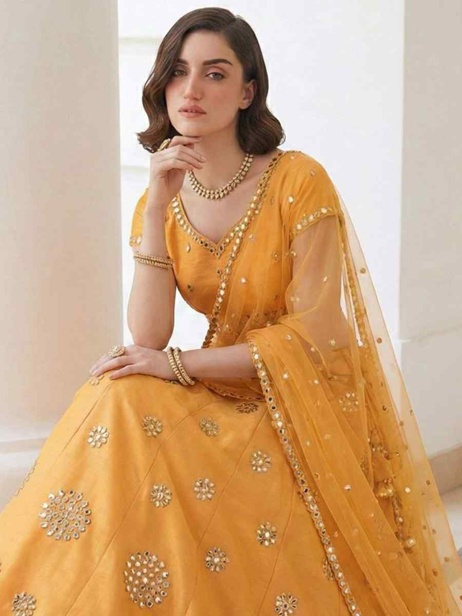 Mustard Heavy Silk Embroidery Wedding Reception Festival Heavy Border Lehenga Choli