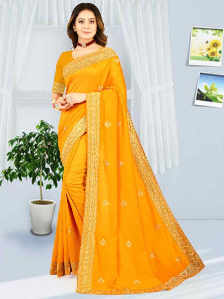 Mustard Heavy Vichitra Silk Embroidered Wedding Festival Heavy Border Saree