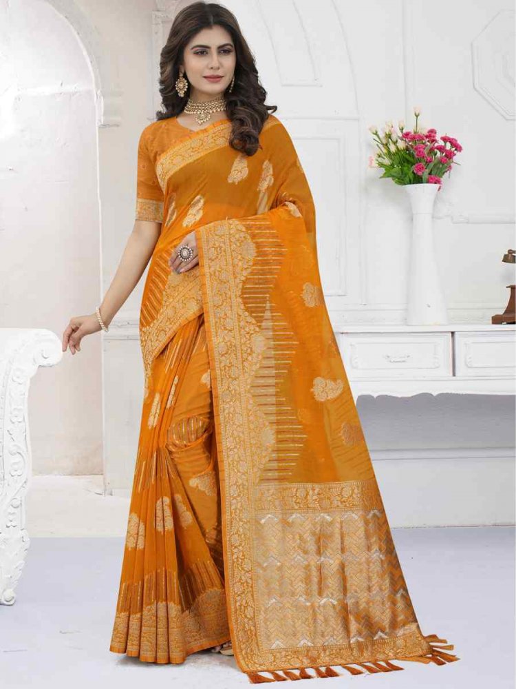 Mustard Heavy Viscose Organza Handwoven Wedding Festival Heavy Border Saree