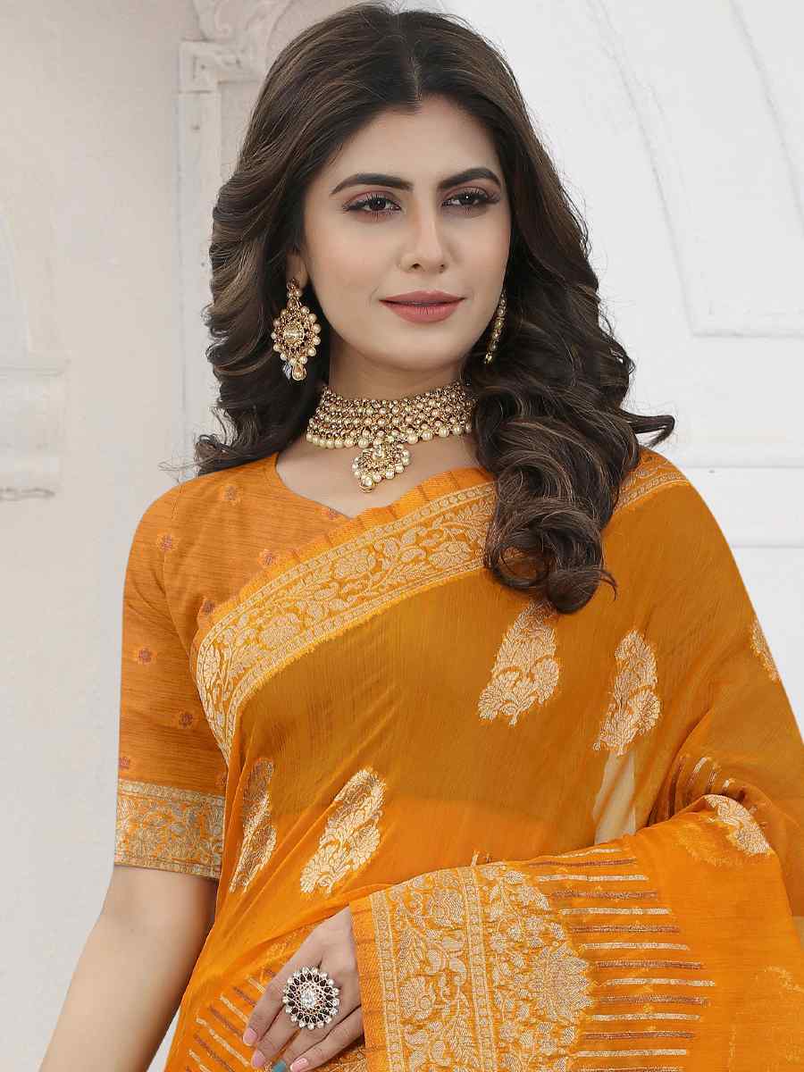 Mustard Heavy Viscose Organza Handwoven Wedding Festival Heavy Border Saree