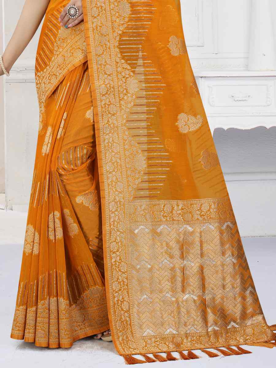 Mustard Heavy Viscose Organza Handwoven Wedding Festival Heavy Border Saree