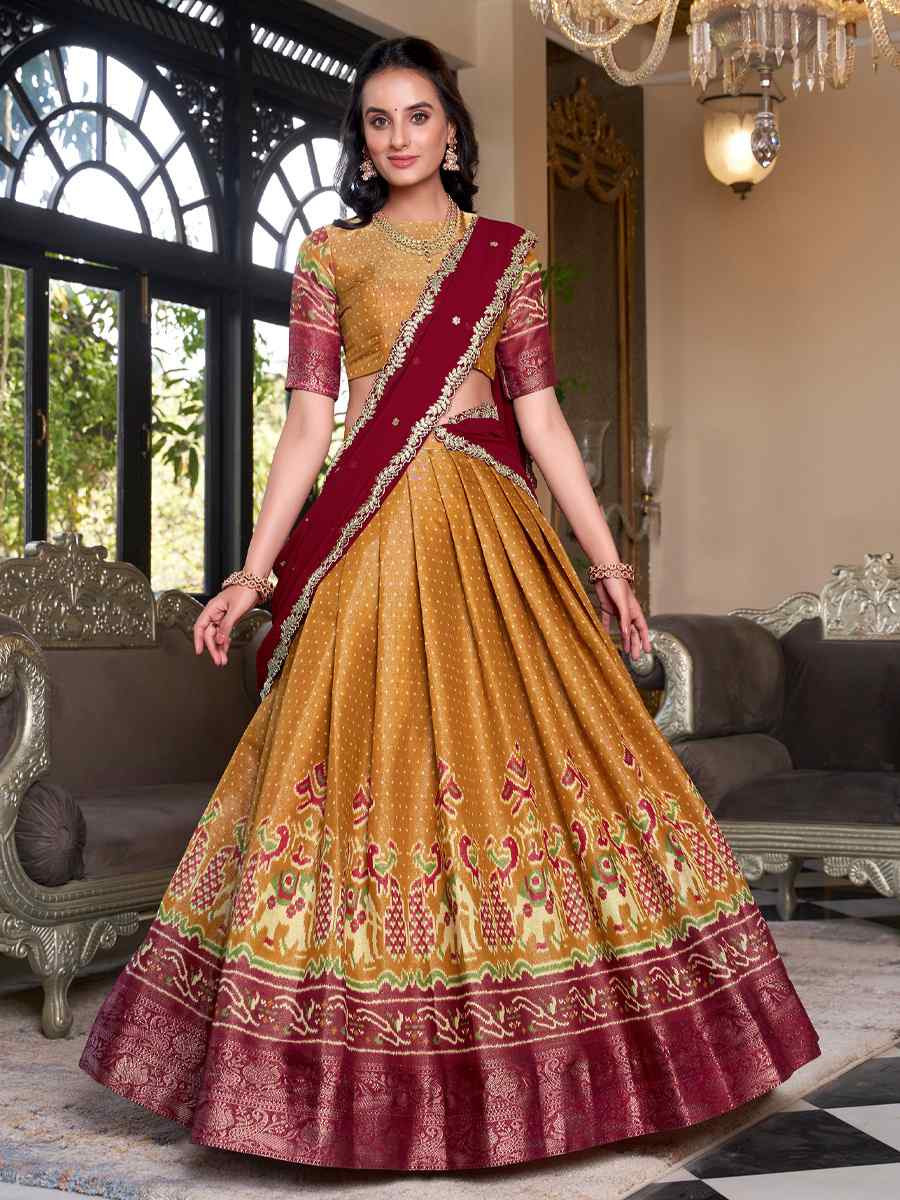 Mustard Kanchipuram Silk Handwoven Reception Wedding Heavy Border Lehenga Choli