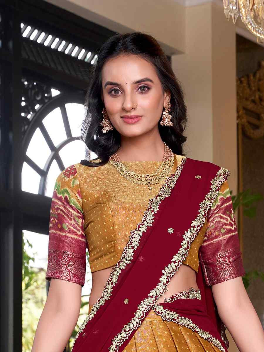 Mustard Kanchipuram Silk Handwoven Reception Wedding Heavy Border Lehenga Choli
