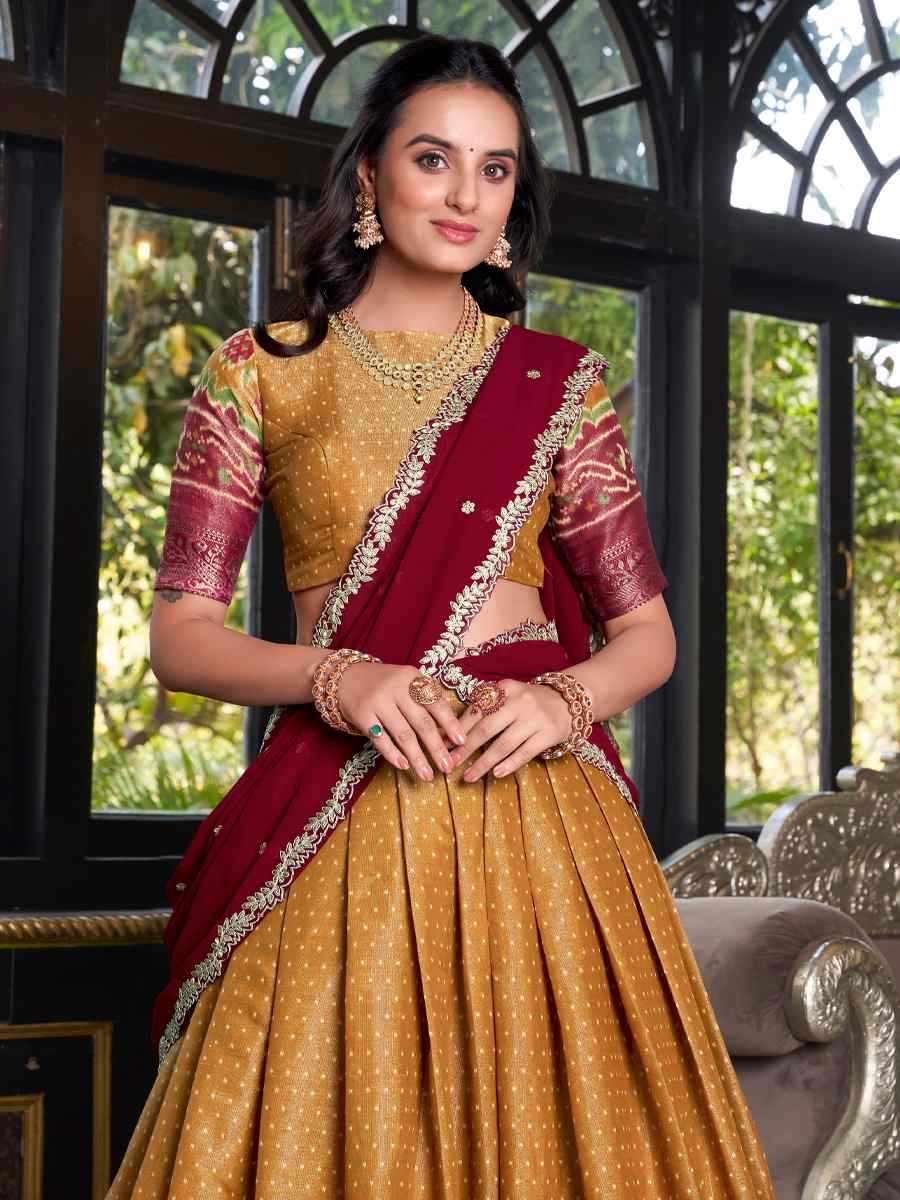 Mustard Kanchipuram Silk Handwoven Reception Wedding Heavy Border Lehenga Choli