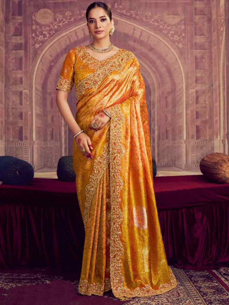 Image of Mustard Kanjivaram Pure Zari Silk Embroidery Bridal Reception Festival Wedding Fancy Heavy Border Saree