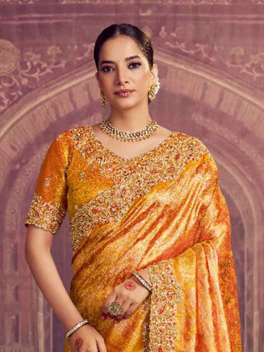 Mustard Kanjivaram Pure Zari Silk Embroidery Bridal Reception Festival Wedding Fancy Heavy Border Saree