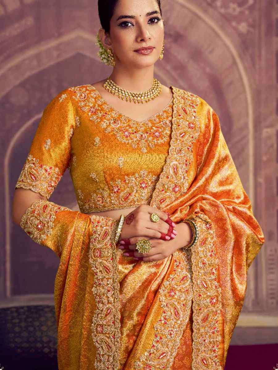 Mustard Kanjivaram Pure Zari Silk Embroidery Bridal Reception Festival Wedding Fancy Heavy Border Saree