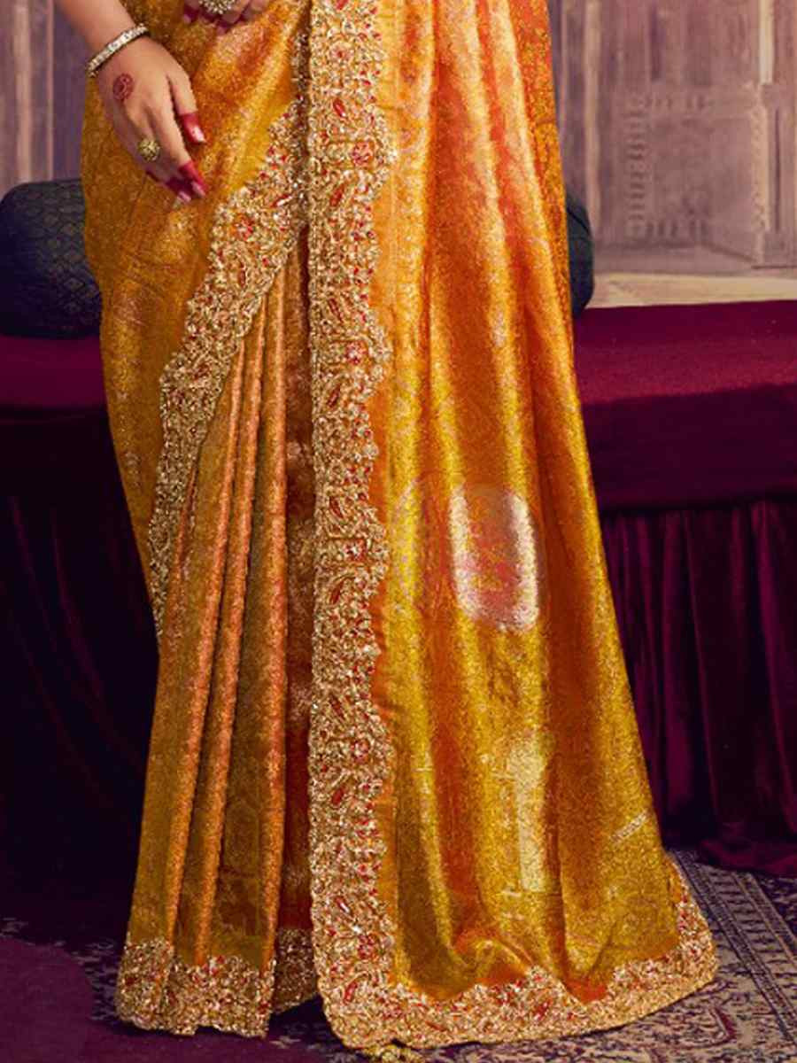 Mustard Kanjivaram Pure Zari Silk Embroidery Bridal Reception Festival Wedding Fancy Heavy Border Saree