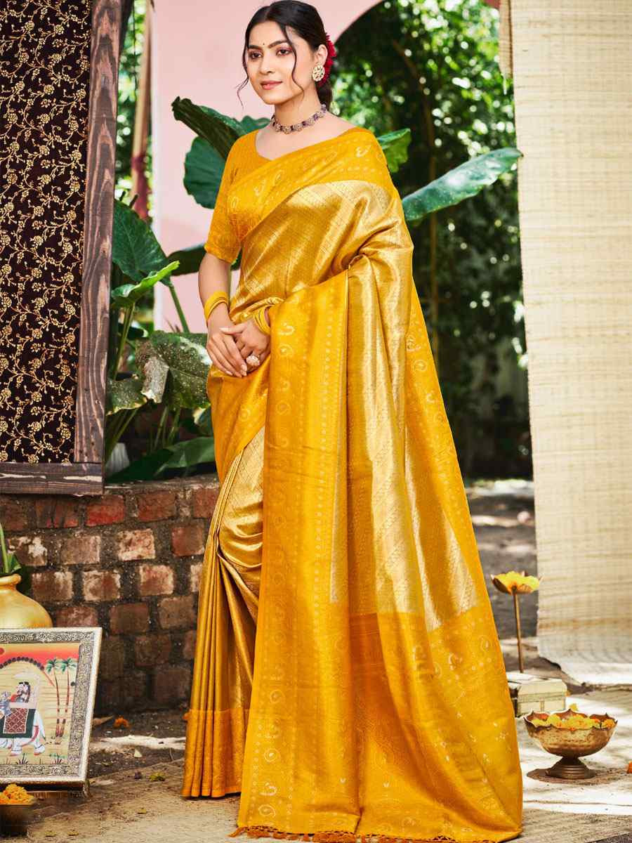 Mustard Kanjivaram Soft Silk Handwoven Traditional Bridal Reception Festival Wedding Fancy Heavy Border Saree