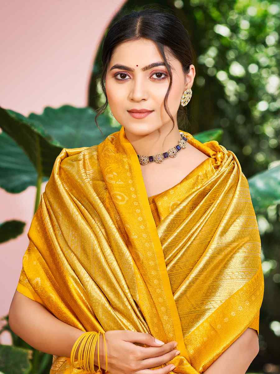 Mustard Kanjivaram Soft Silk Handwoven Traditional Bridal Reception Festival Wedding Fancy Heavy Border Saree