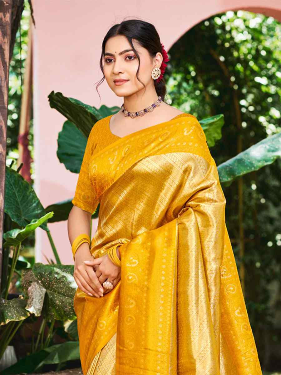 Mustard Kanjivaram Soft Silk Handwoven Traditional Bridal Reception Festival Wedding Fancy Heavy Border Saree