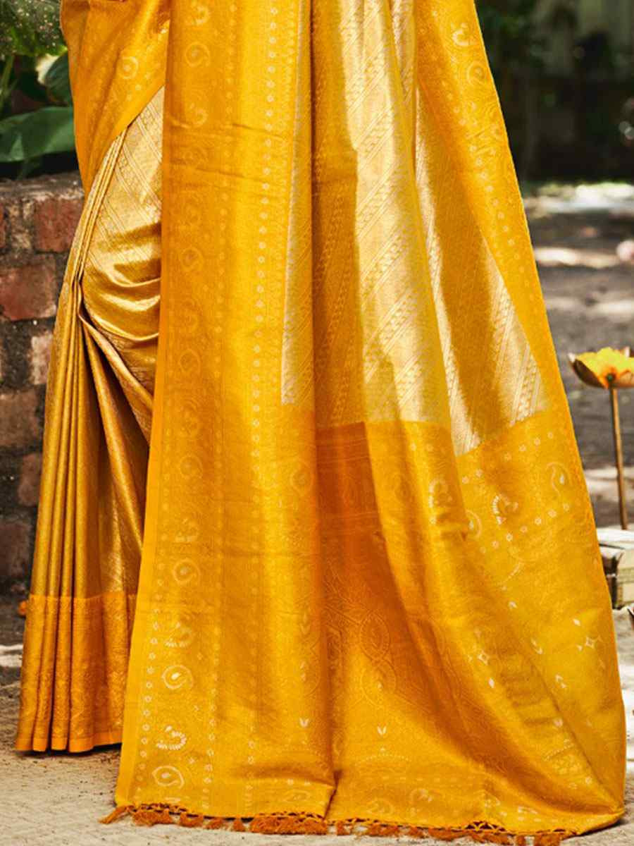 Mustard Kanjivaram Soft Silk Handwoven Traditional Bridal Reception Festival Wedding Fancy Heavy Border Saree