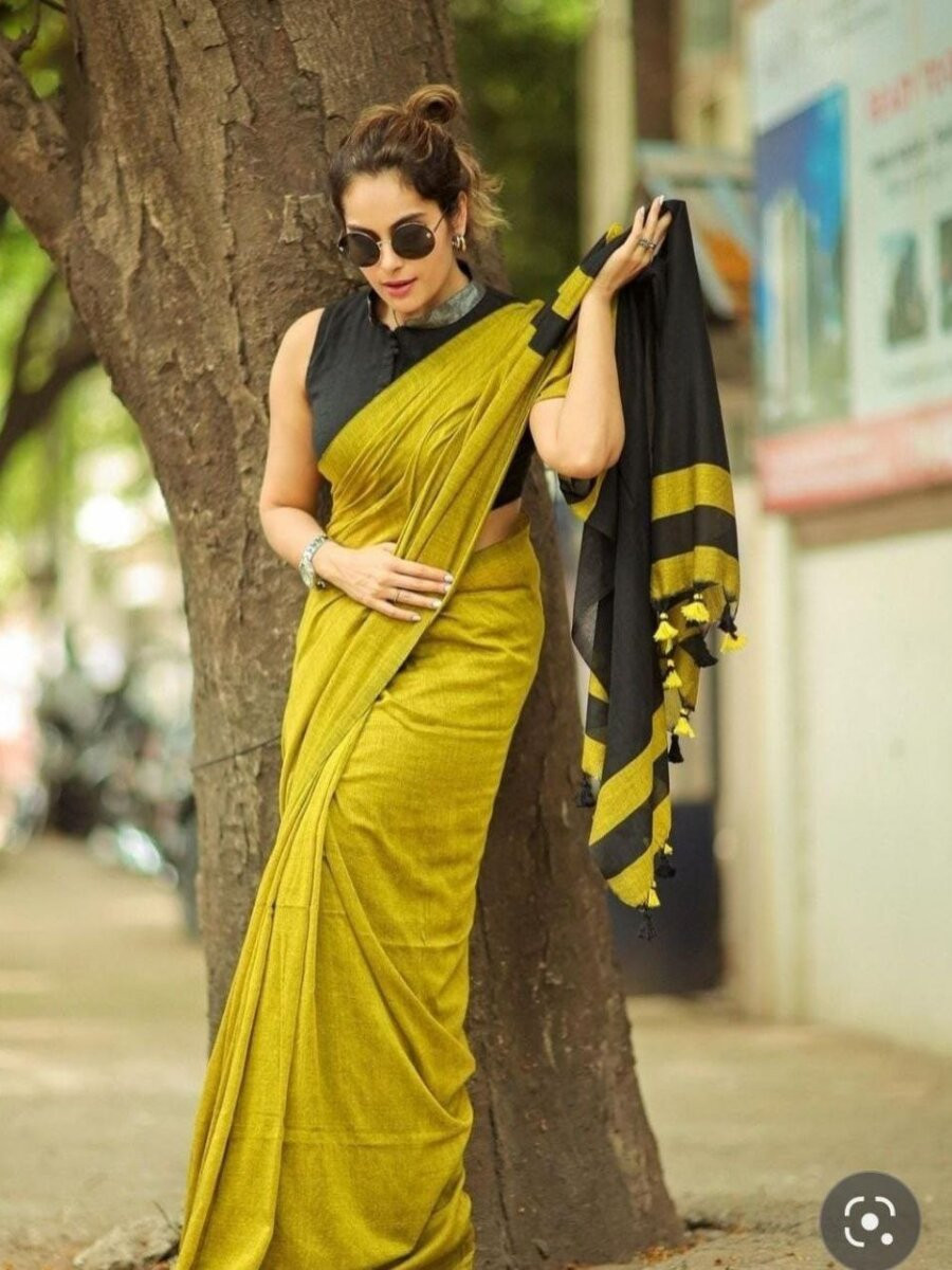Mustard Khadi Khadi Cotton Plain Reception Party Casual Classic Style Sarees