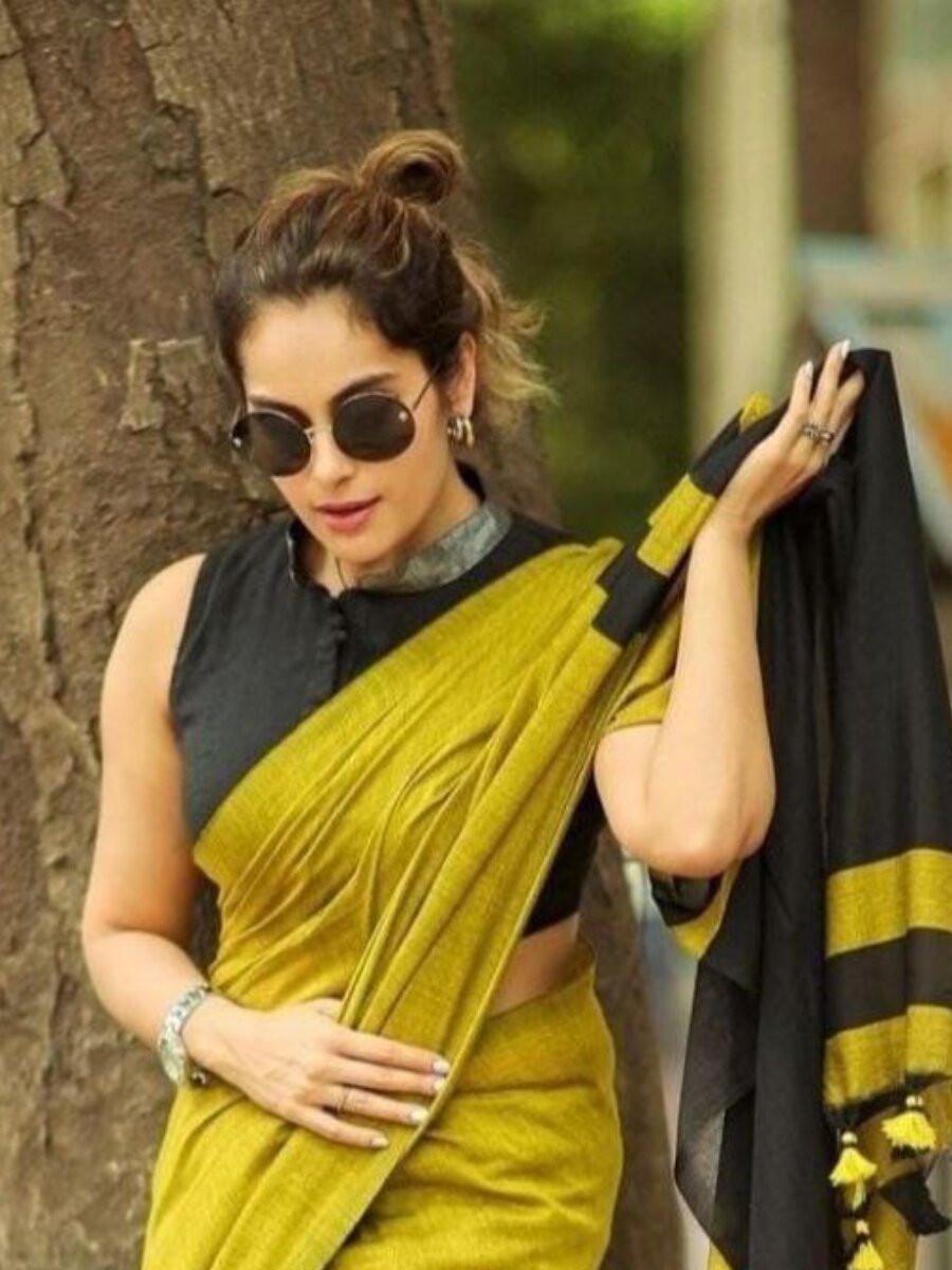 Mustard Khadi Khadi Cotton Plain Reception Party Casual Classic Style Sarees