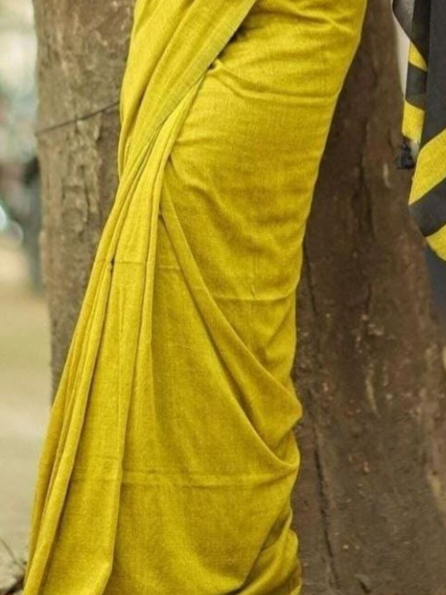 Mustard Khadi Khadi Cotton Plain Reception Party Casual Classic Style Sarees