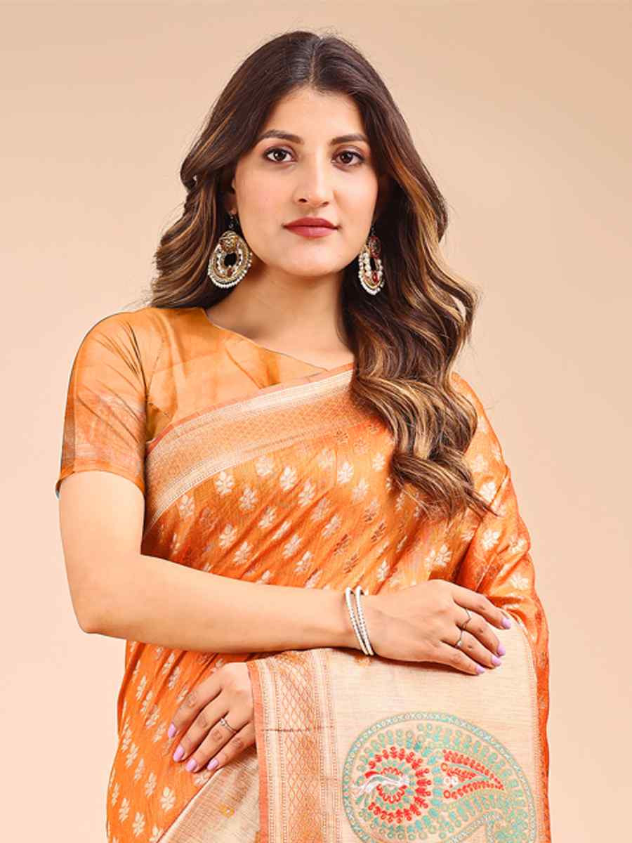 Mustard Linen Cotton Printed Festival Wedding Fancy Heavy Border Saree