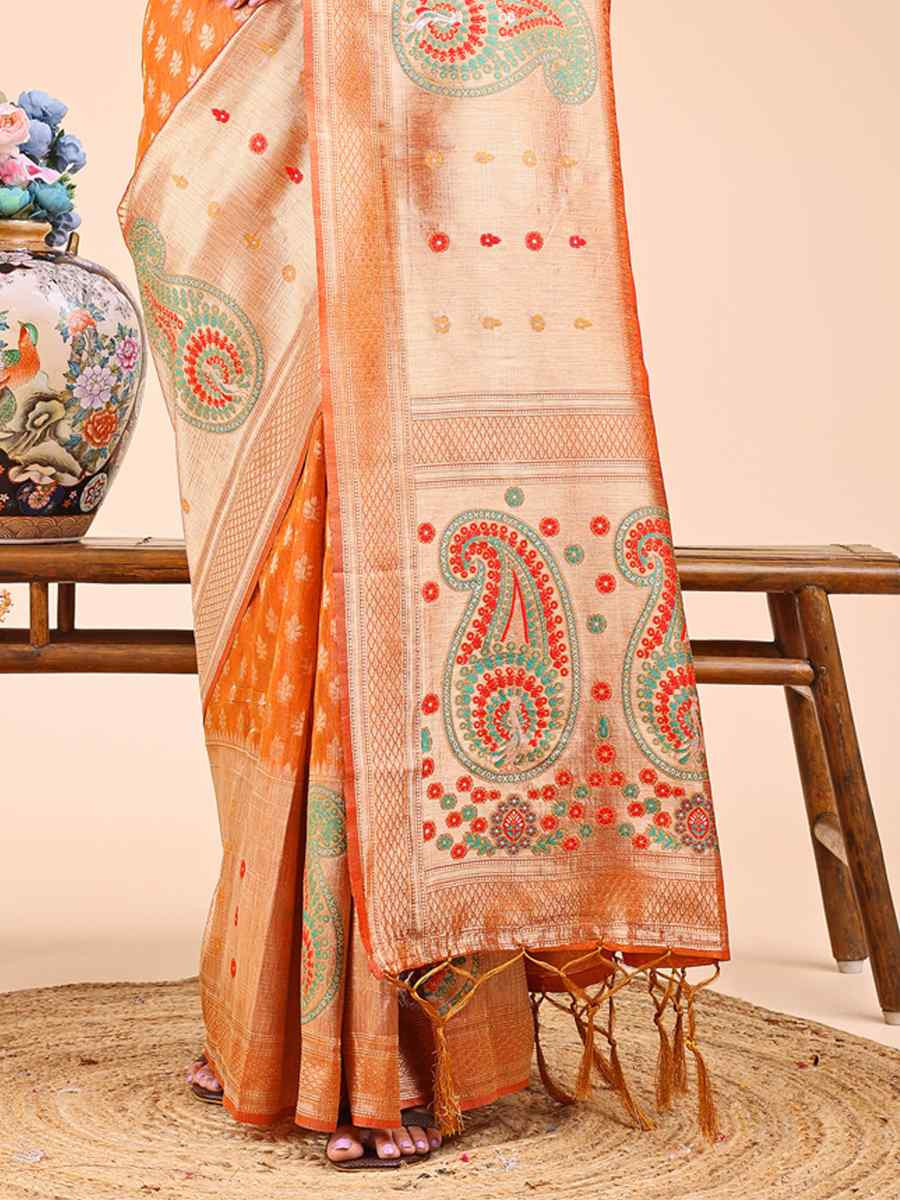 Mustard Linen Cotton Printed Festival Wedding Fancy Heavy Border Saree