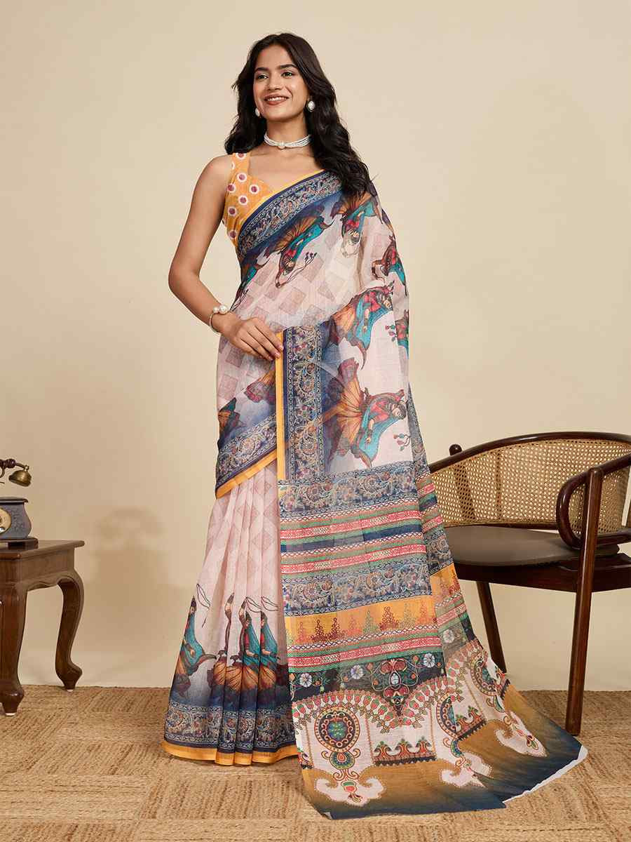 Mustard Linen Cotton Printed Handwoven Traditional Casual Festival Fancy Classic Style Sarees