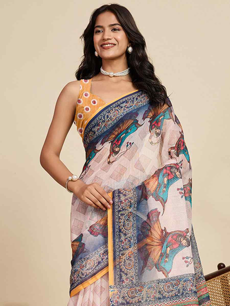 Mustard Linen Cotton Printed Handwoven Traditional Casual Festival Fancy Classic Style Sarees