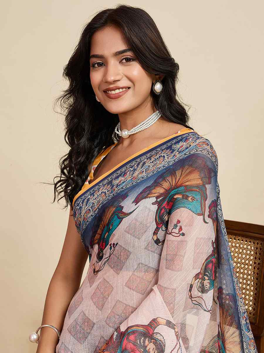 Mustard Linen Cotton Printed Handwoven Traditional Casual Festival Fancy Classic Style Sarees