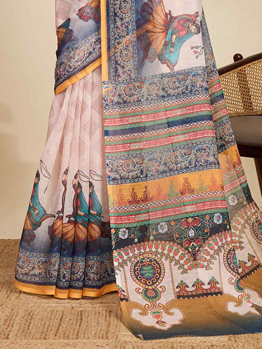 Mustard Linen Cotton Printed Handwoven Traditional Casual Festival Fancy Classic Style Sarees