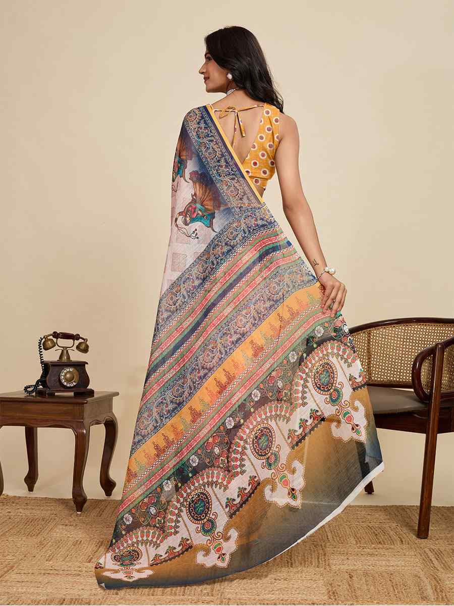 Mustard Linen Cotton Printed Handwoven Traditional Casual Festival Fancy Classic Style Sarees