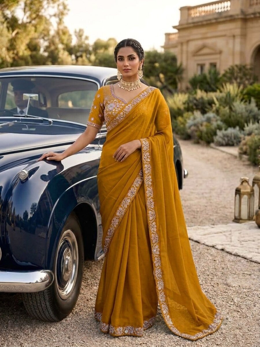 Mustard Malay Satin Silk Embroidery Sequins Stone Work Wedding Party Festival Casual Heavy Border Sarees
