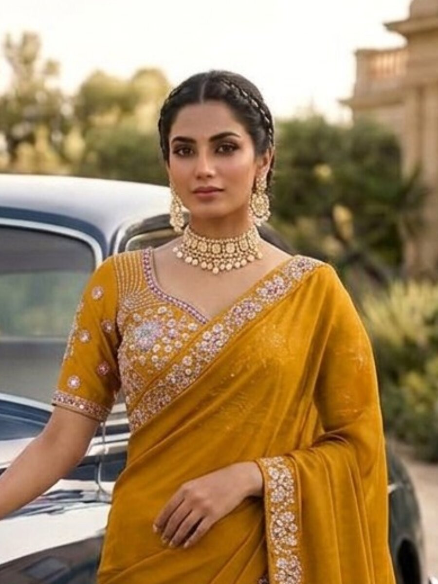 Mustard Malay Satin Silk Embroidery Sequins Stone Work Wedding Party Festival Casual Heavy Border Sarees