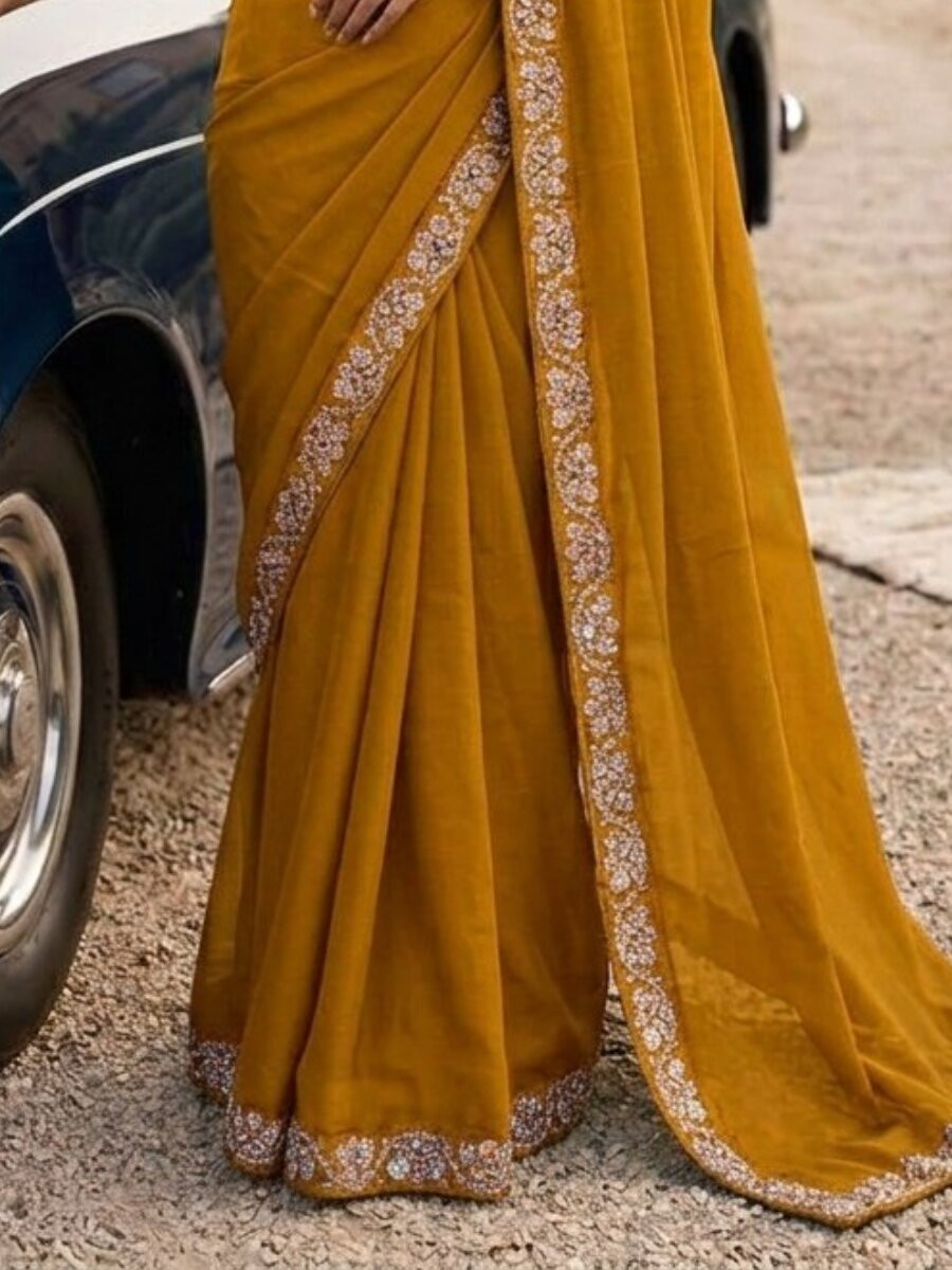Mustard Malay Satin Silk Embroidery Sequins Stone Work Wedding Party Festival Casual Heavy Border Sarees