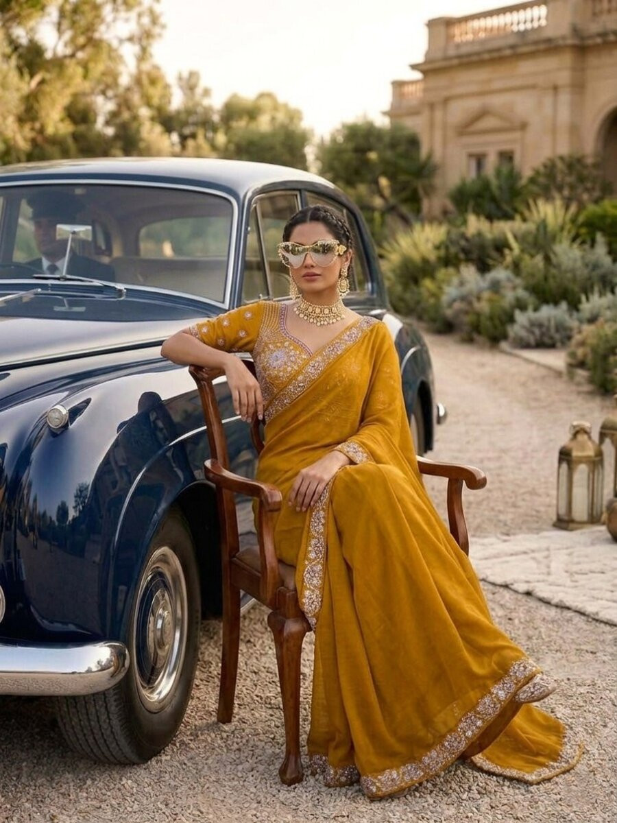 Mustard Malay Satin Silk Embroidery Sequins Stone Work Wedding Party Festival Casual Heavy Border Sarees