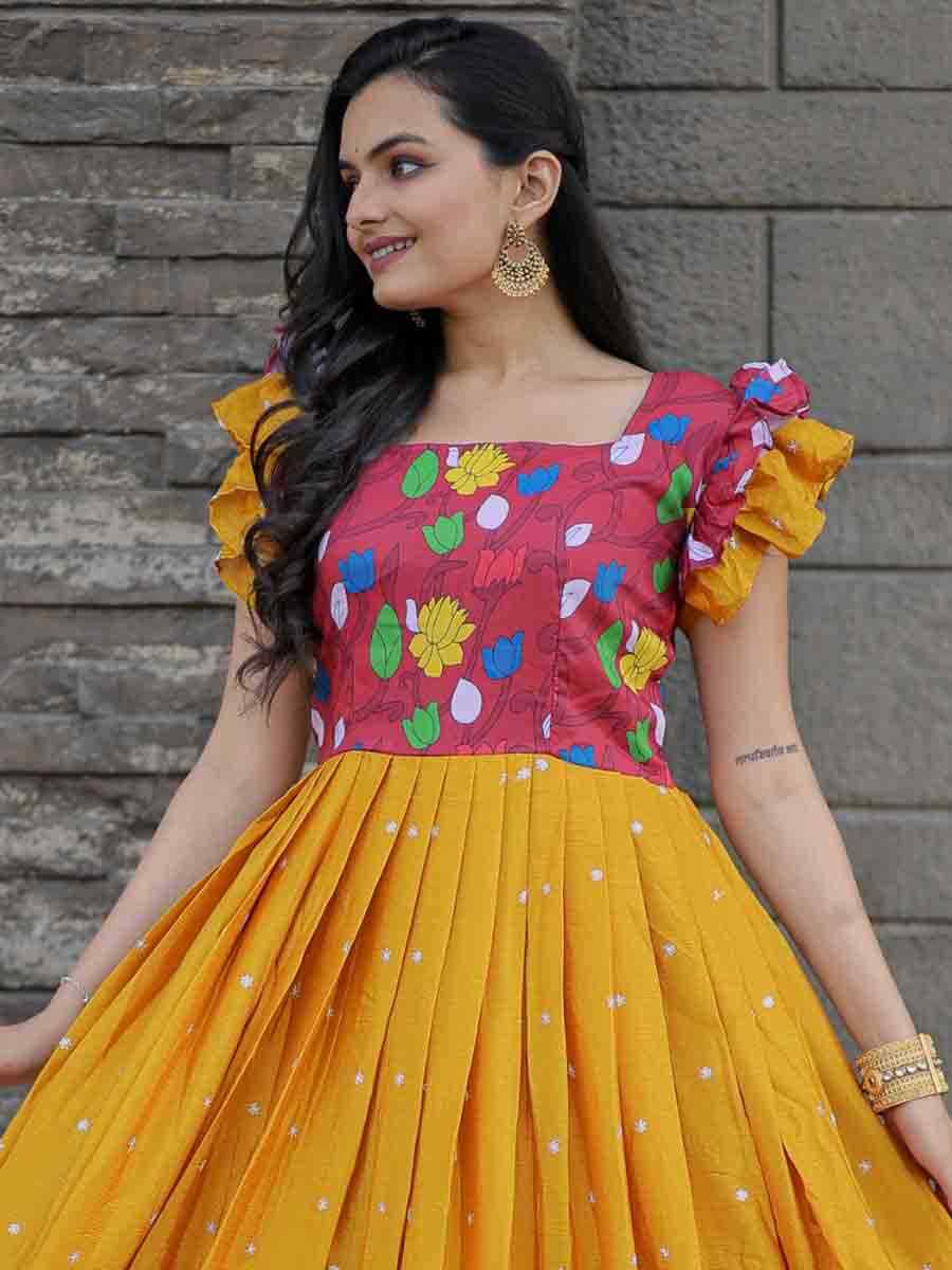 Mustard Maslin Chinon Embroidered Festival Casual Gown