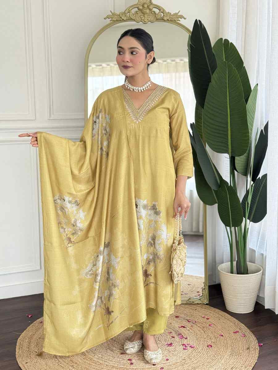 Mustard Muslin Digital print Embroidered Party Wedding Ready Pant Salwar Kameez