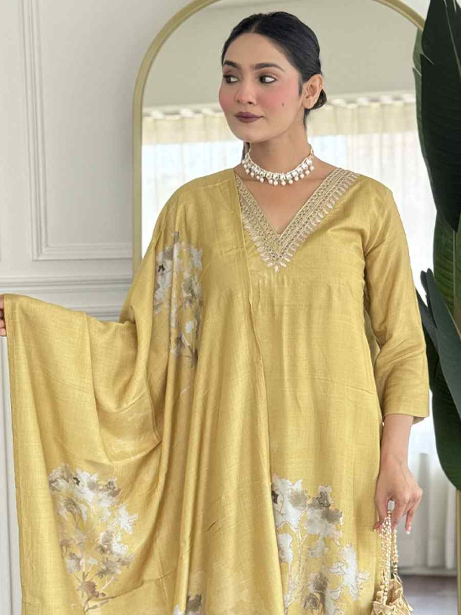 Mustard Muslin Digital print Embroidered Party Wedding Ready Pant Salwar Kameez