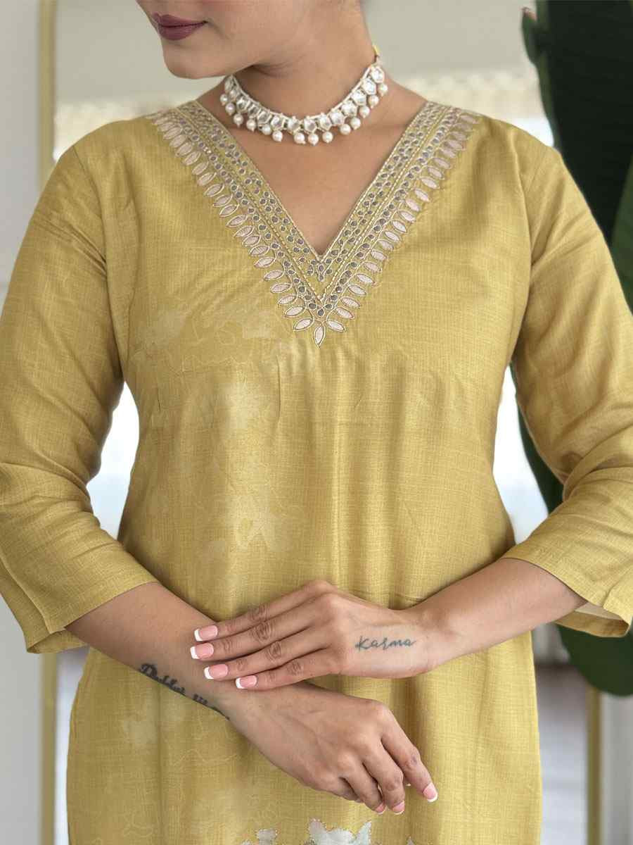 Mustard Muslin Digital print Embroidered Party Wedding Ready Pant Salwar Kameez