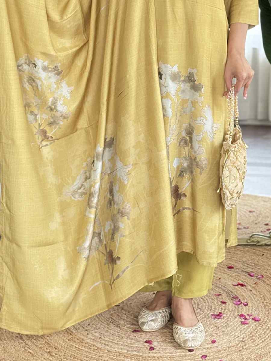 Mustard Muslin Digital print Embroidered Party Wedding Ready Pant Salwar Kameez