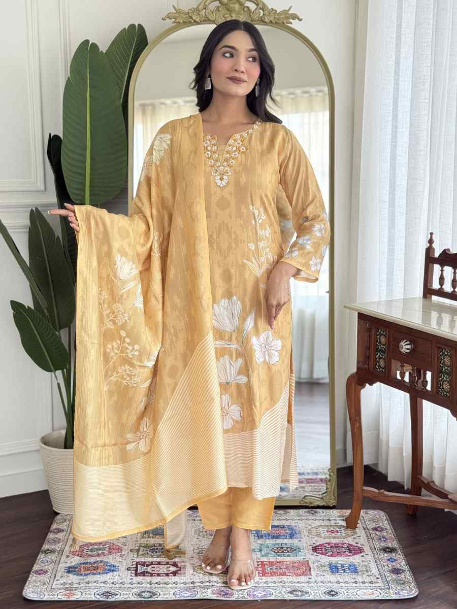 Mustard Muslin Digital print Embroidered Party Wedding Ready Pant Salwar Kameez