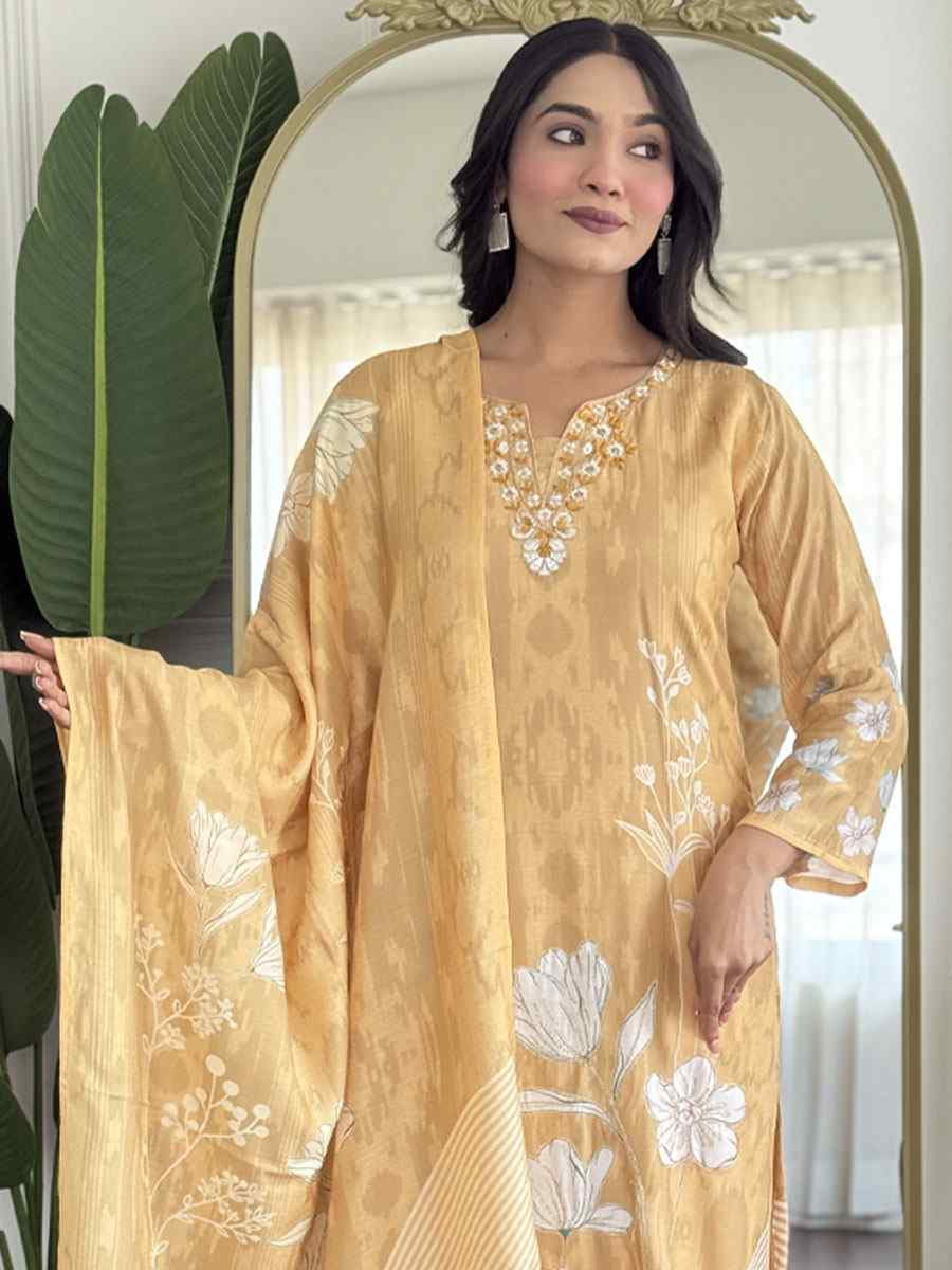 Mustard Muslin Digital print Embroidered Party Wedding Ready Pant Salwar Kameez