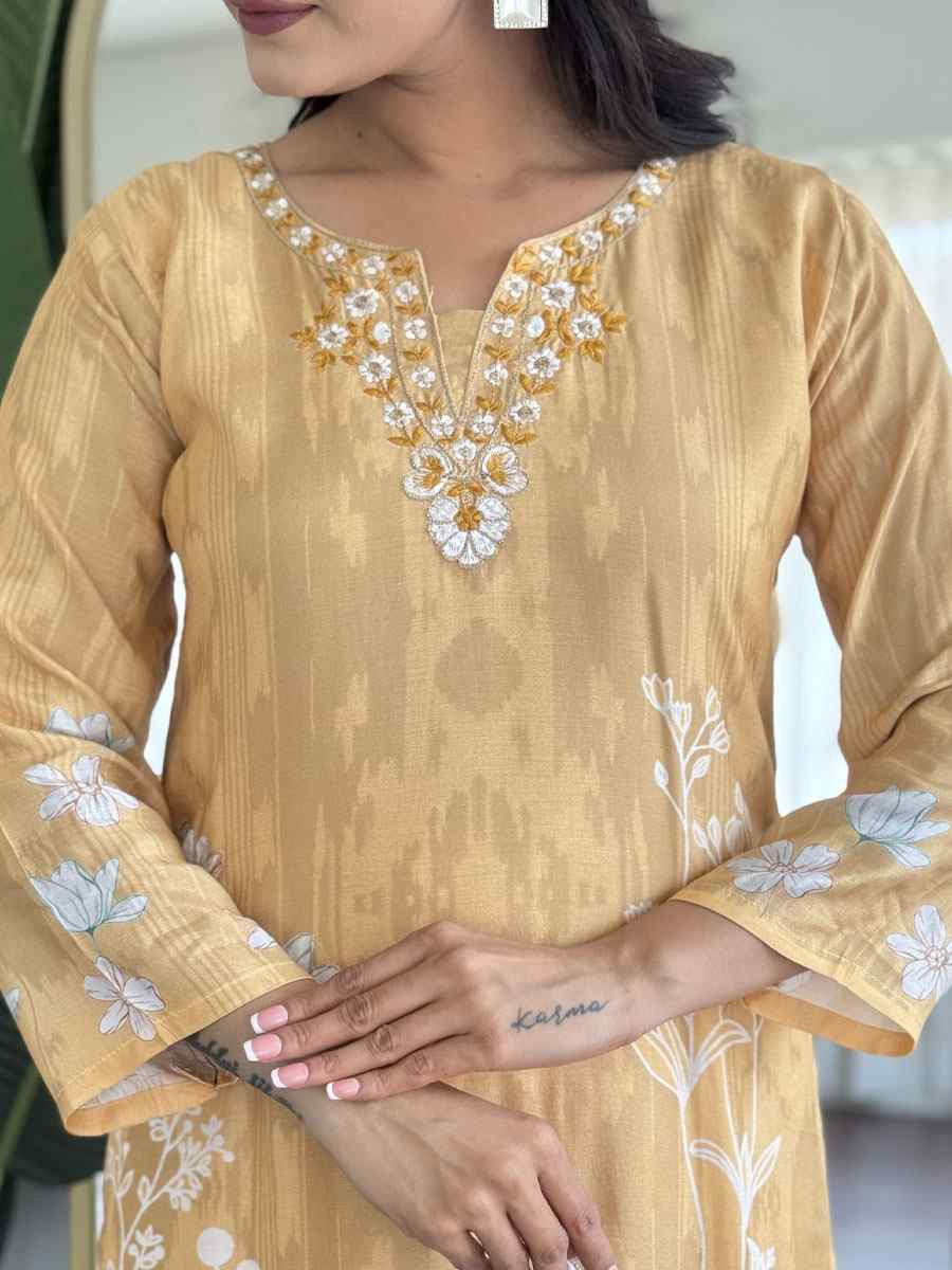 Mustard Muslin Digital print Embroidered Party Wedding Ready Pant Salwar Kameez