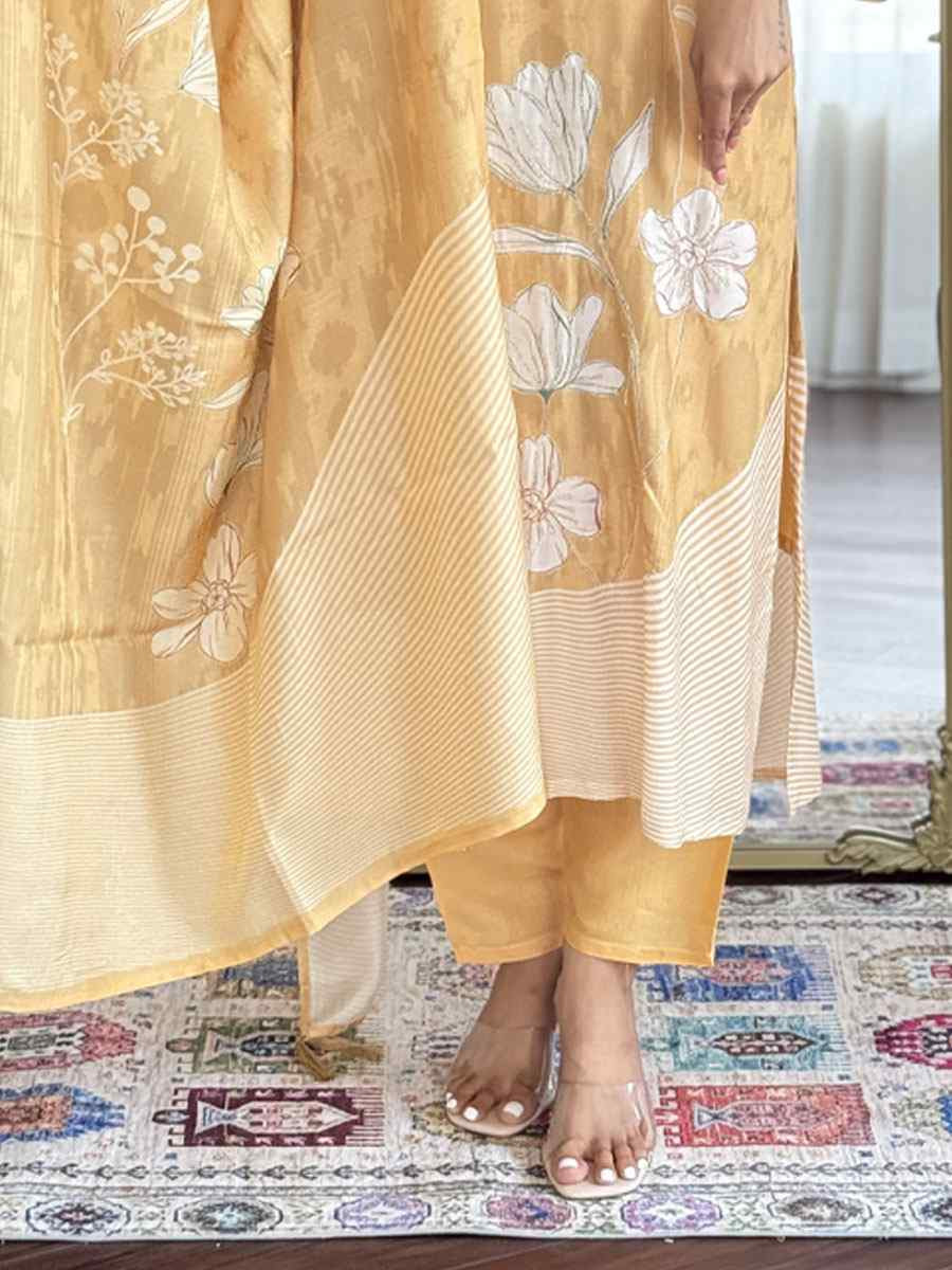 Mustard Muslin Digital print Embroidered Party Wedding Ready Pant Salwar Kameez