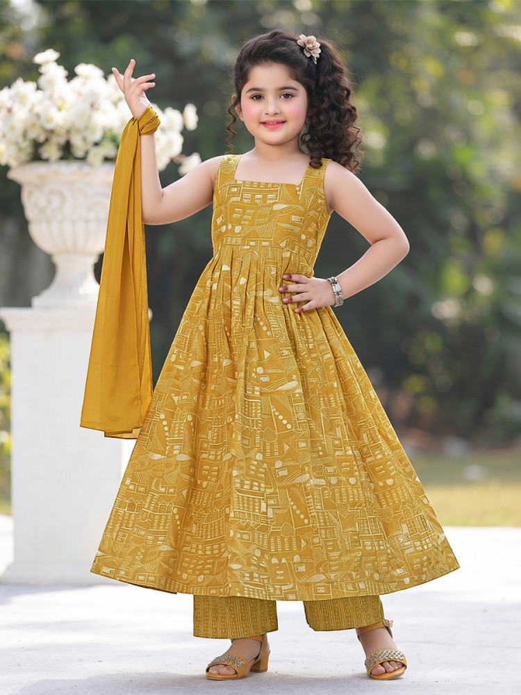 Image of Mustard Muslin Printed Ethnic Casual Festival Party Wedding Gown