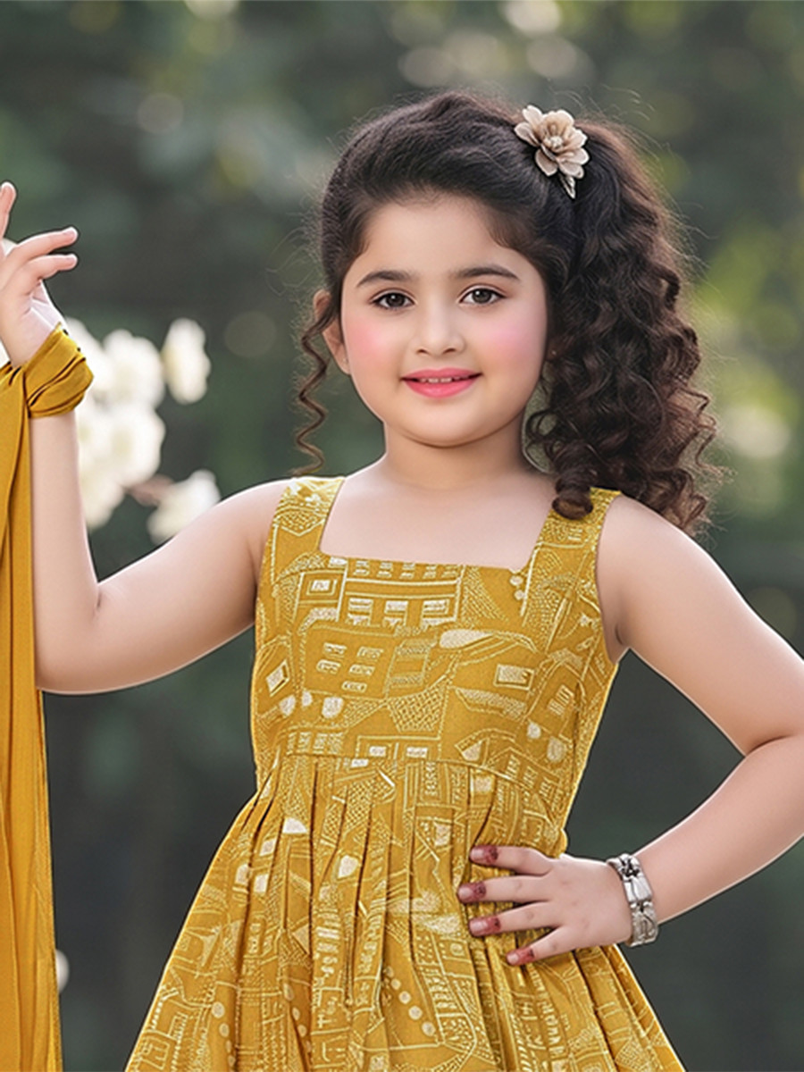 Mustard Muslin Printed Ethnic Casual Festival Party Wedding Gown