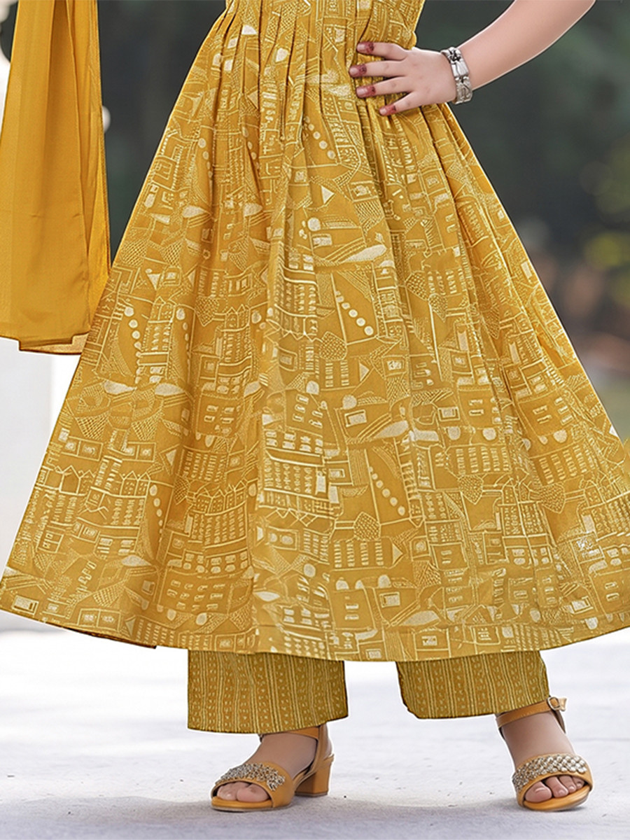 Mustard Muslin Printed Ethnic Casual Festival Party Wedding Gown