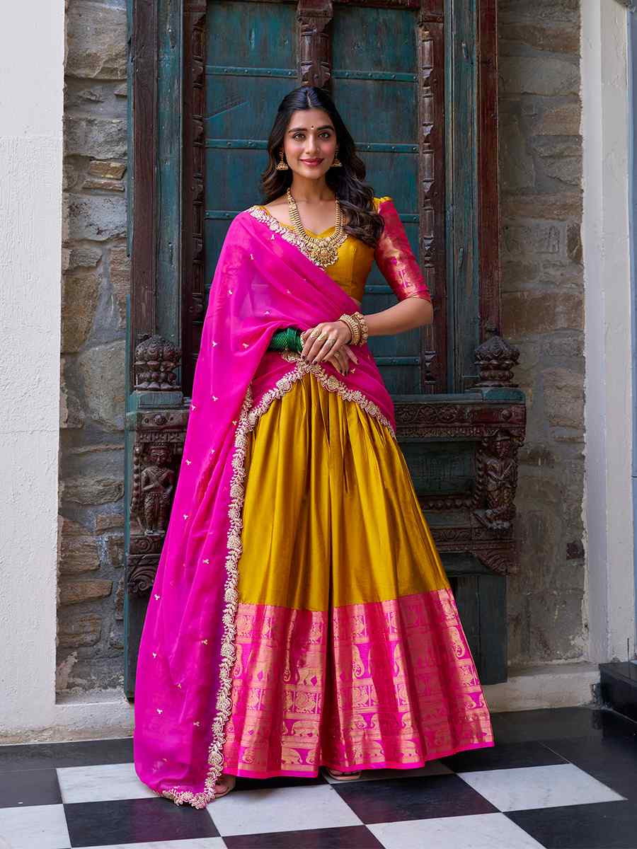 Mustard Narayana Pattu Silk Handwoven Embroidered Festival Wedding Heavy Border Lehenga Choli