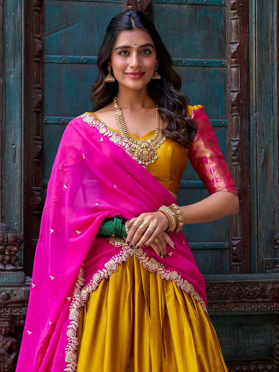 Mustard Narayana Pattu Silk Handwoven Embroidered Festival Wedding Heavy Border Lehenga Choli
