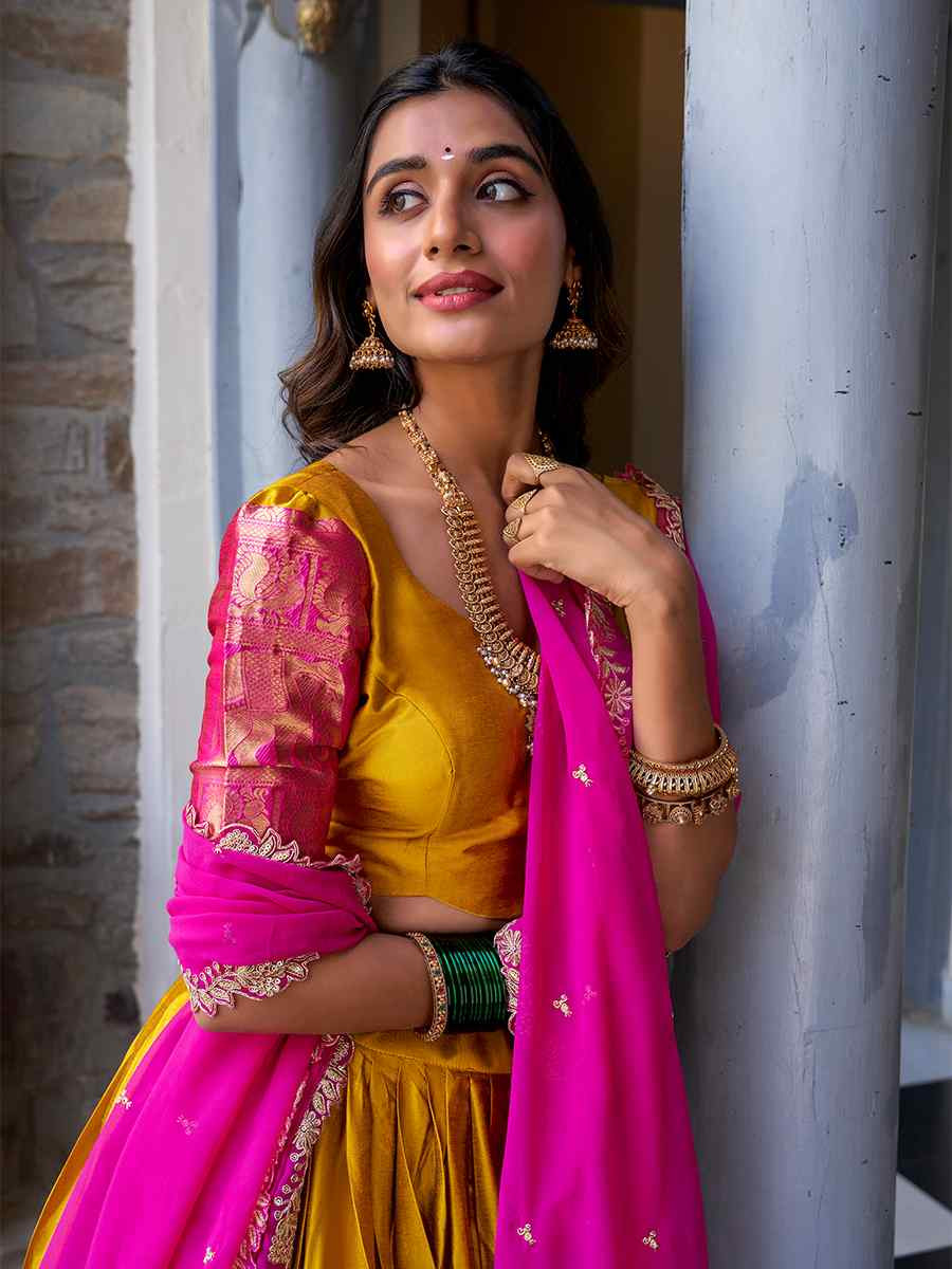 Mustard Narayana Pattu Silk Handwoven Embroidered Festival Wedding Heavy Border Lehenga Choli