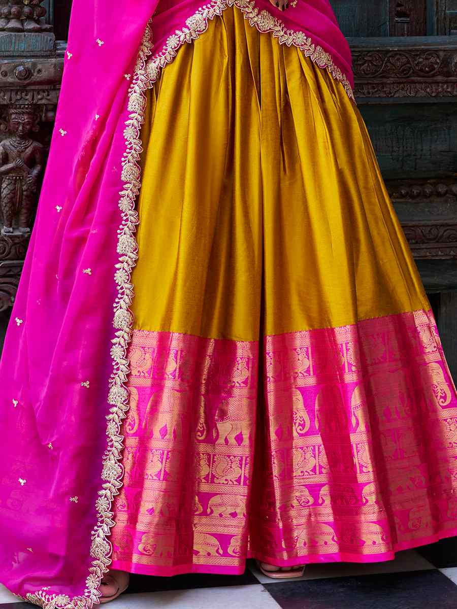 Mustard Narayana Pattu Silk Handwoven Embroidered Festival Wedding Heavy Border Lehenga Choli