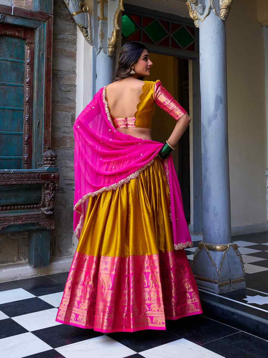 Mustard Narayana Pattu Silk Handwoven Embroidered Festival Wedding Heavy Border Lehenga Choli