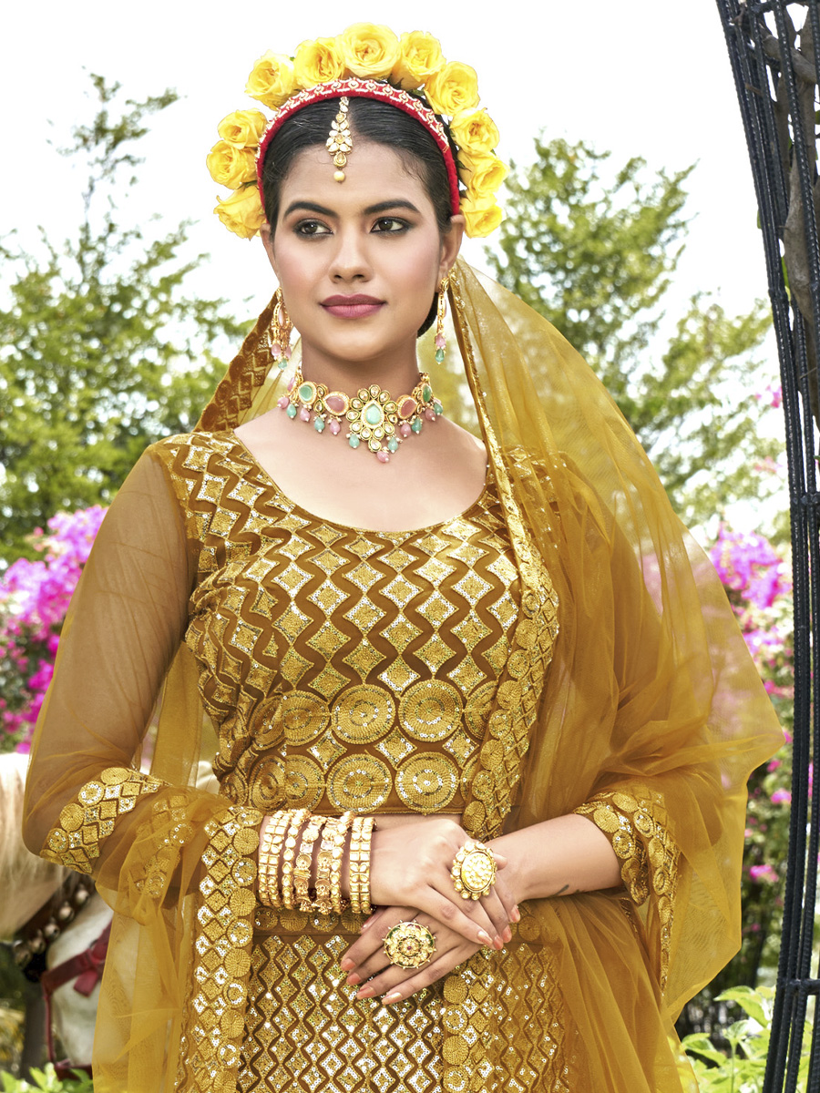 Mustard Net Embroidered Party Wear Festival Heavy Border Lehenga Choli